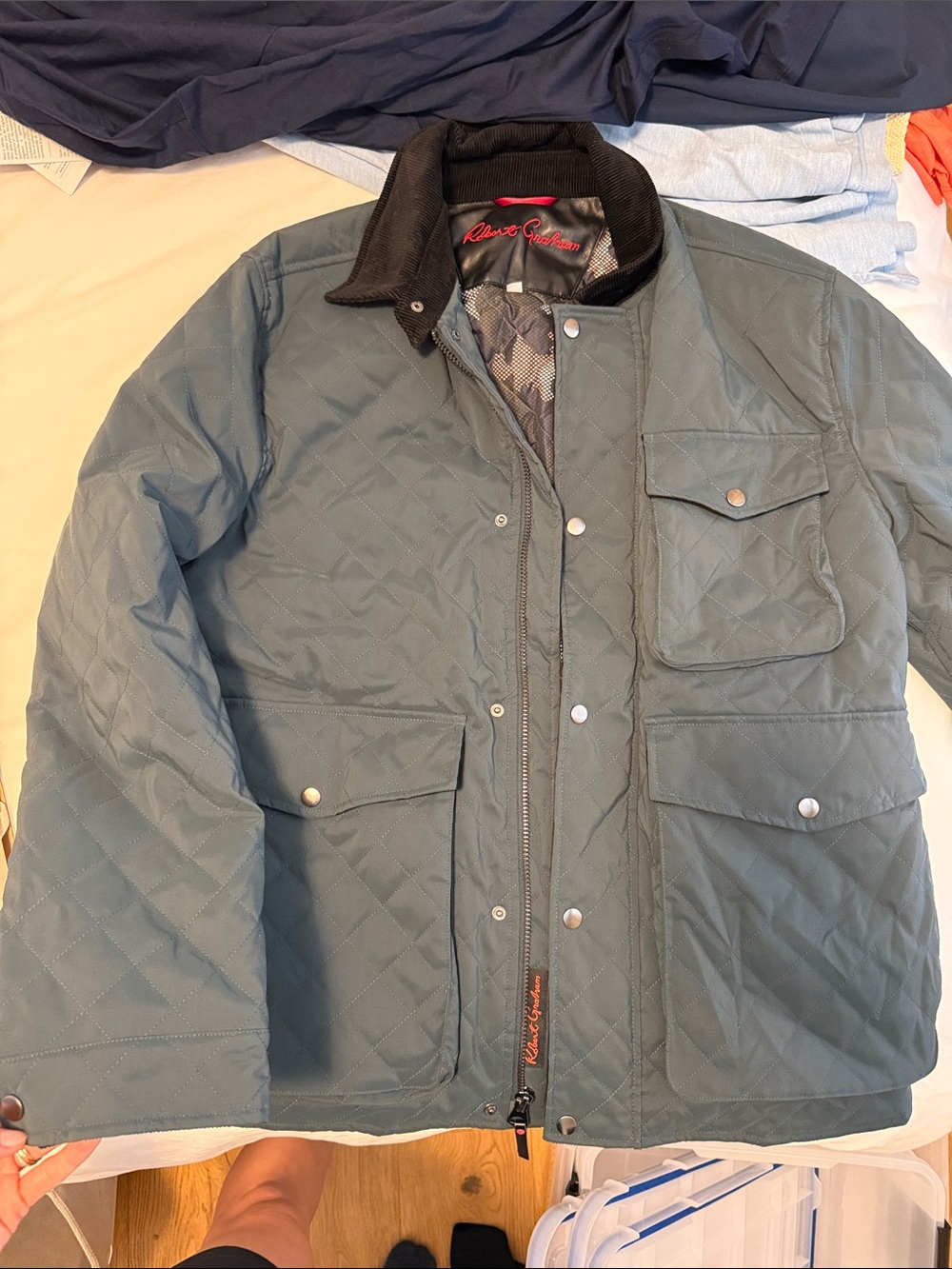 Robert Graham Quilted Slate Green Shirt Jacket with Black Corduroy Collar